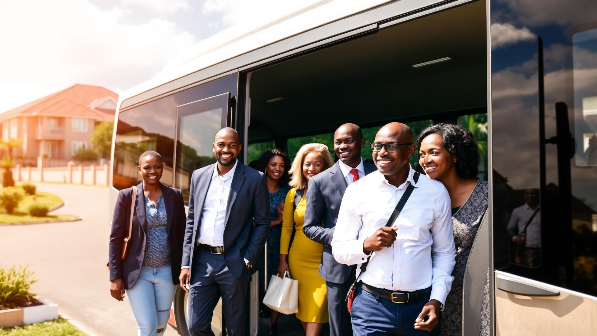 Buyers boarding a property tour bus
